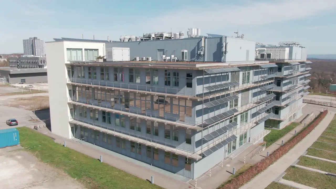 Aerial Drone shot of CureVac AG Company Headquarter in Tuebingen on a sunny day