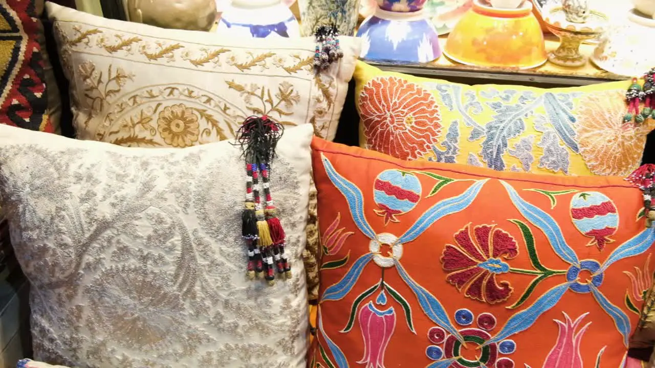 Tracking Shot of some Colourful Pillows