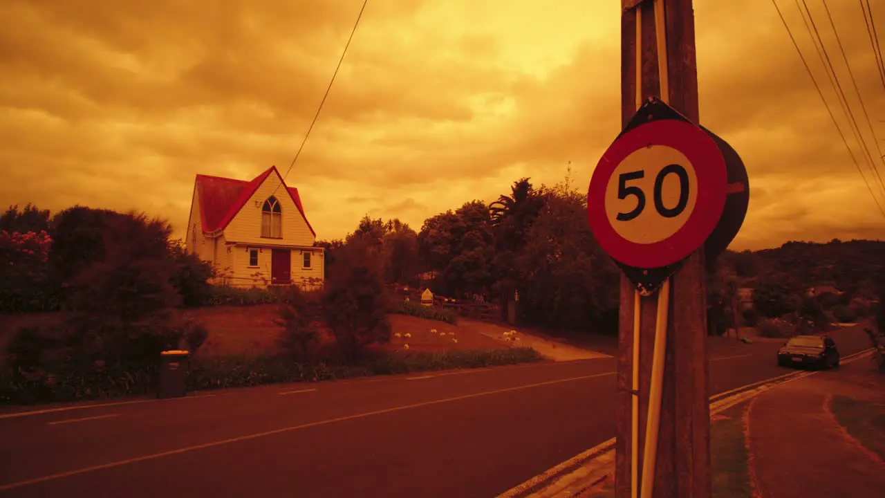 Red clouds during Australian bush fire by St Cuthberts Church in Kaukapakapa NZ