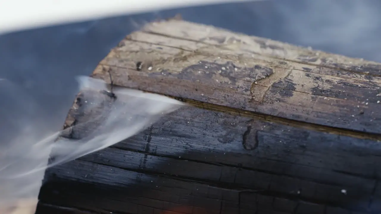 Firewood burning with flames and smokes in closeup