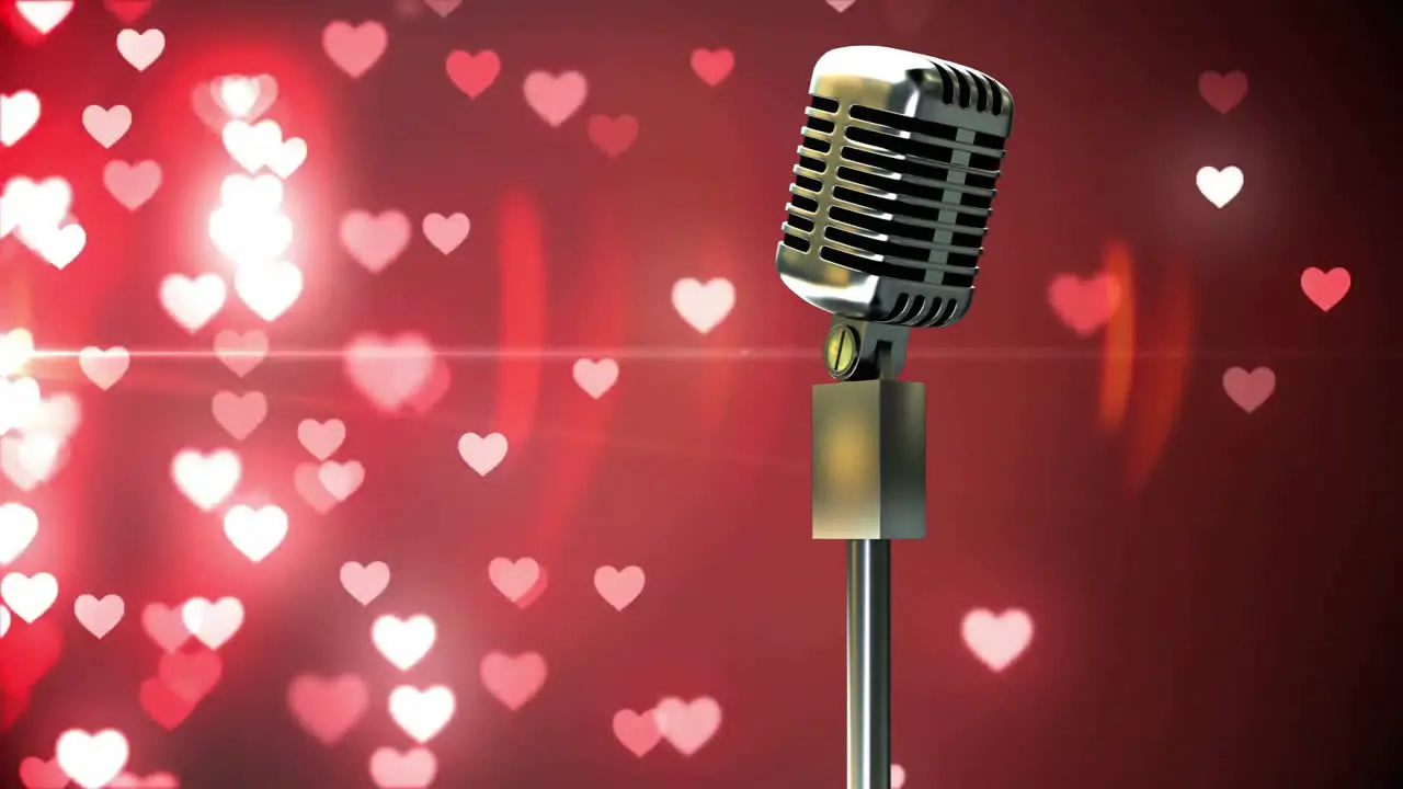 Animation of microphone over hearts on black background