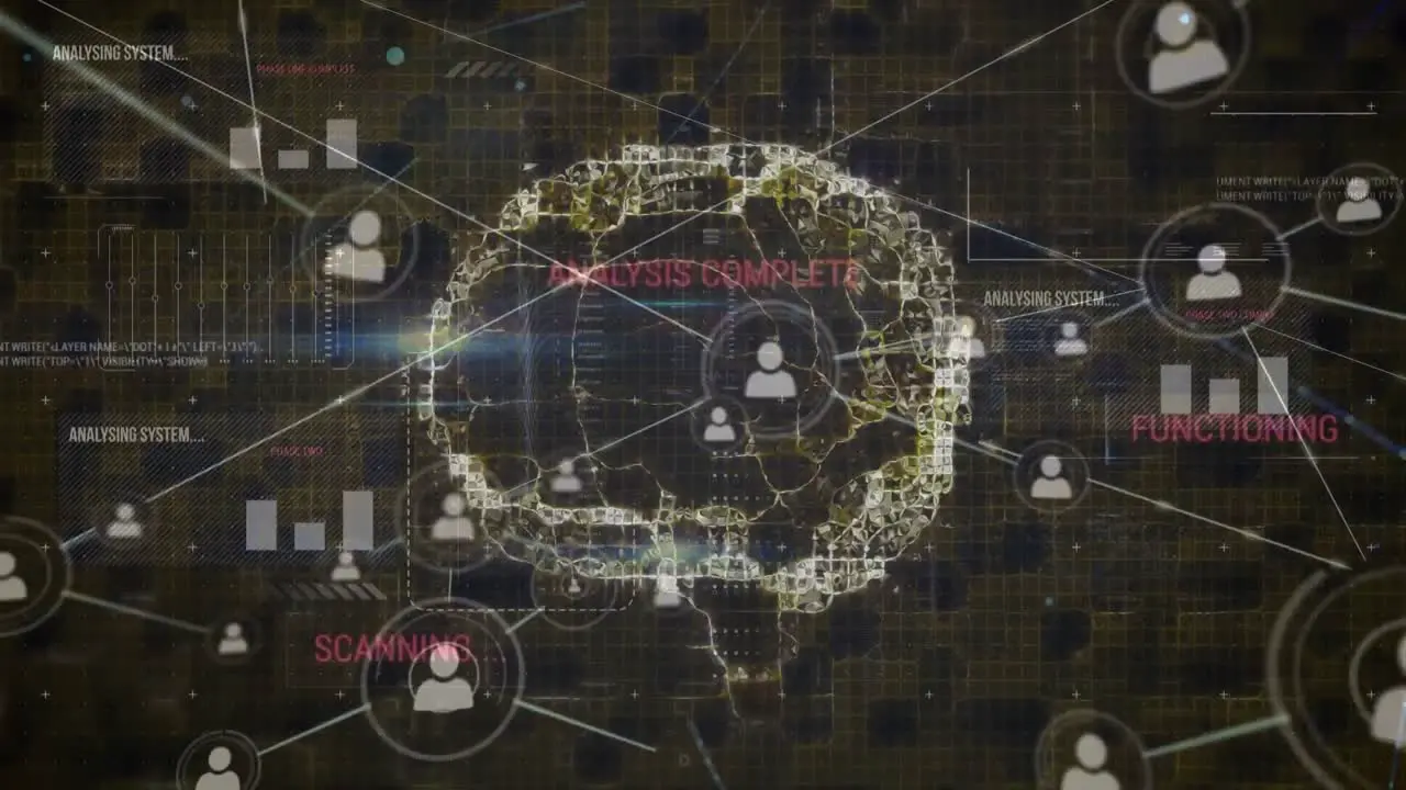 Animation of network of profile icons over human brain against interface with data processing