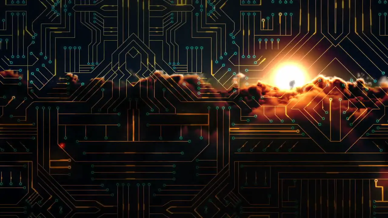 Digitally generated video of circuit board and sunset 