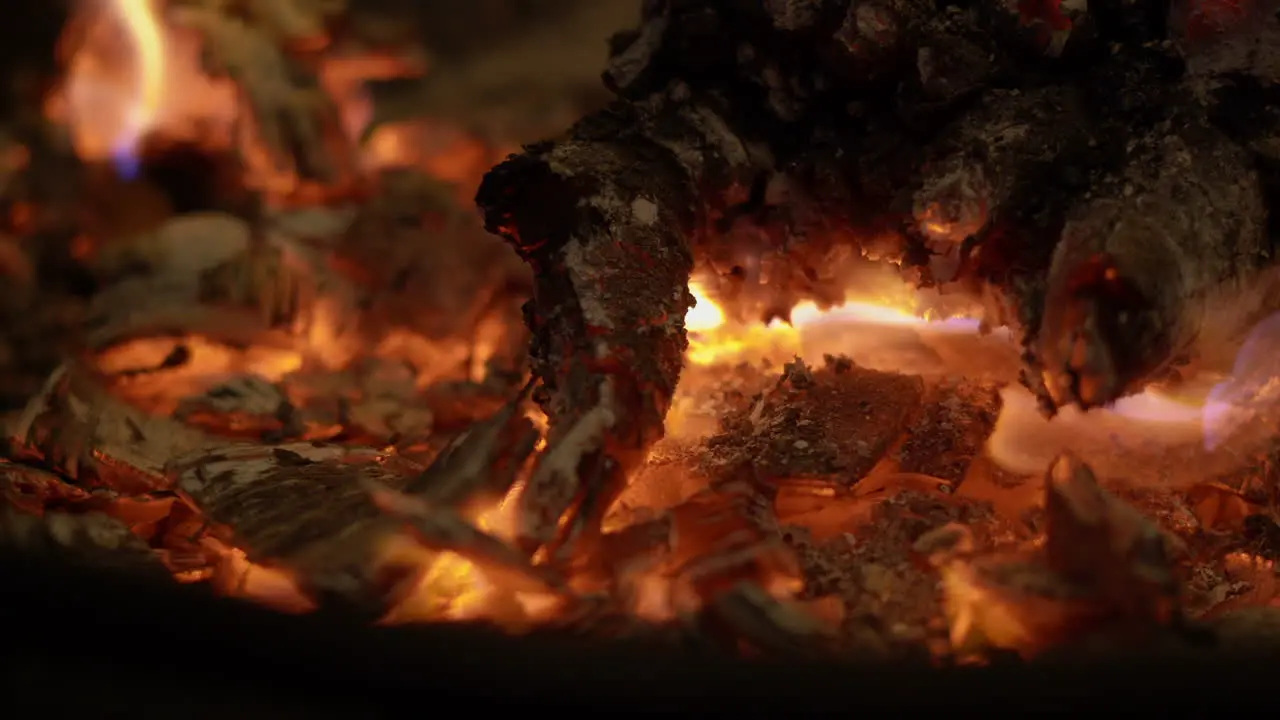 Night shot of dying bonfire flames burning from ashy burnt wood and slightly glowing red coals