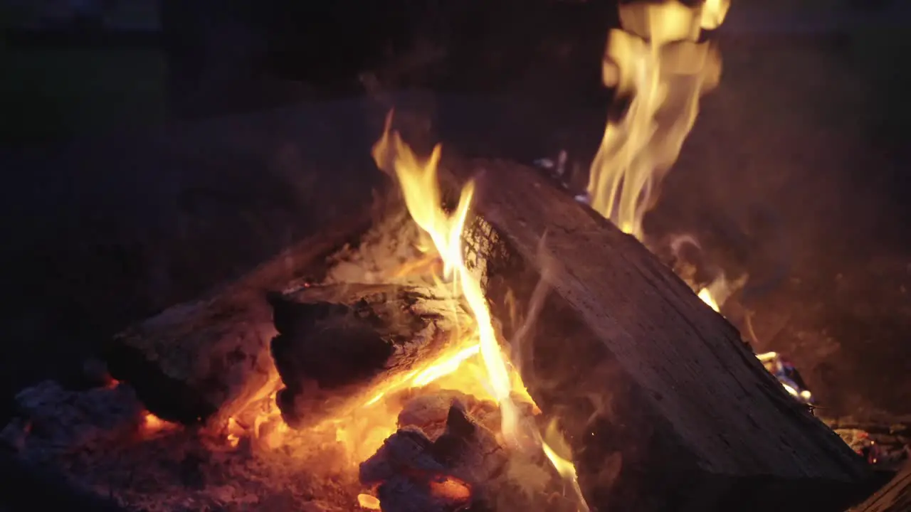 Close up firewood burning campfire outdoors at night with smoke coming out