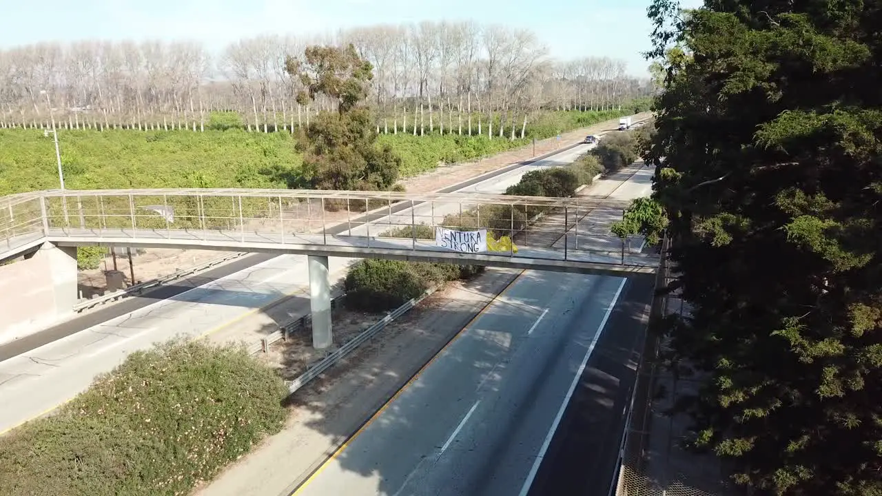 An aerial over a freeway overpass says venturastrong after the Thomas Fire in 2017