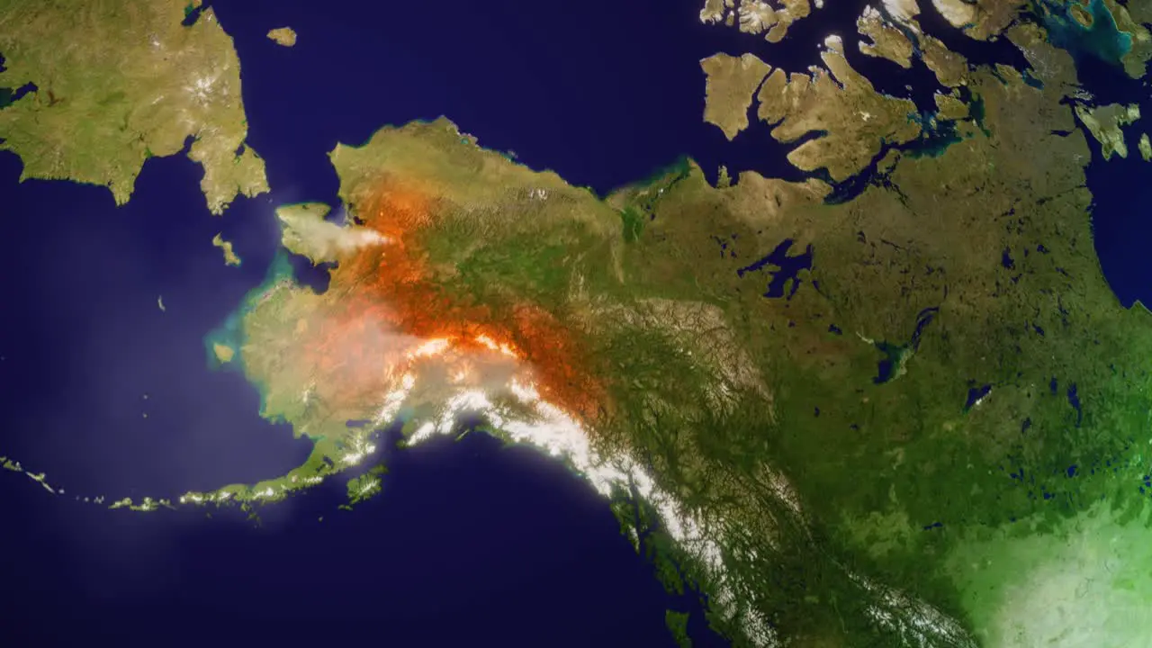 Alaska Forest and Bushfires on Alaska map 3d animation with smoke and aerial growth of damage Made of public domain image from NASA