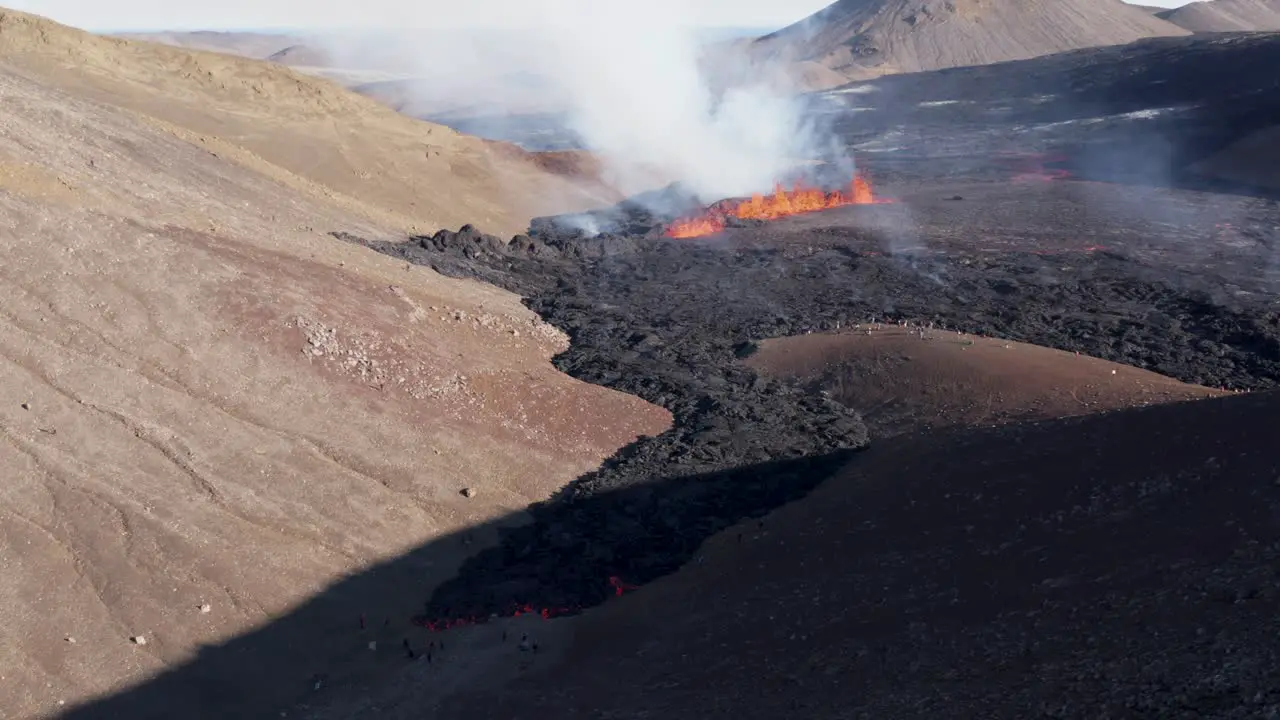 Day time at new 2022 volcano eruption in Iceland Meradalir valley aerial