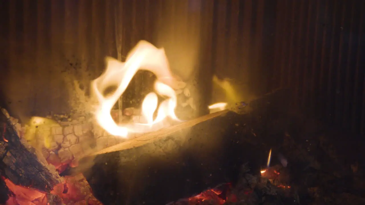 Burning wood log in indoor fireplace