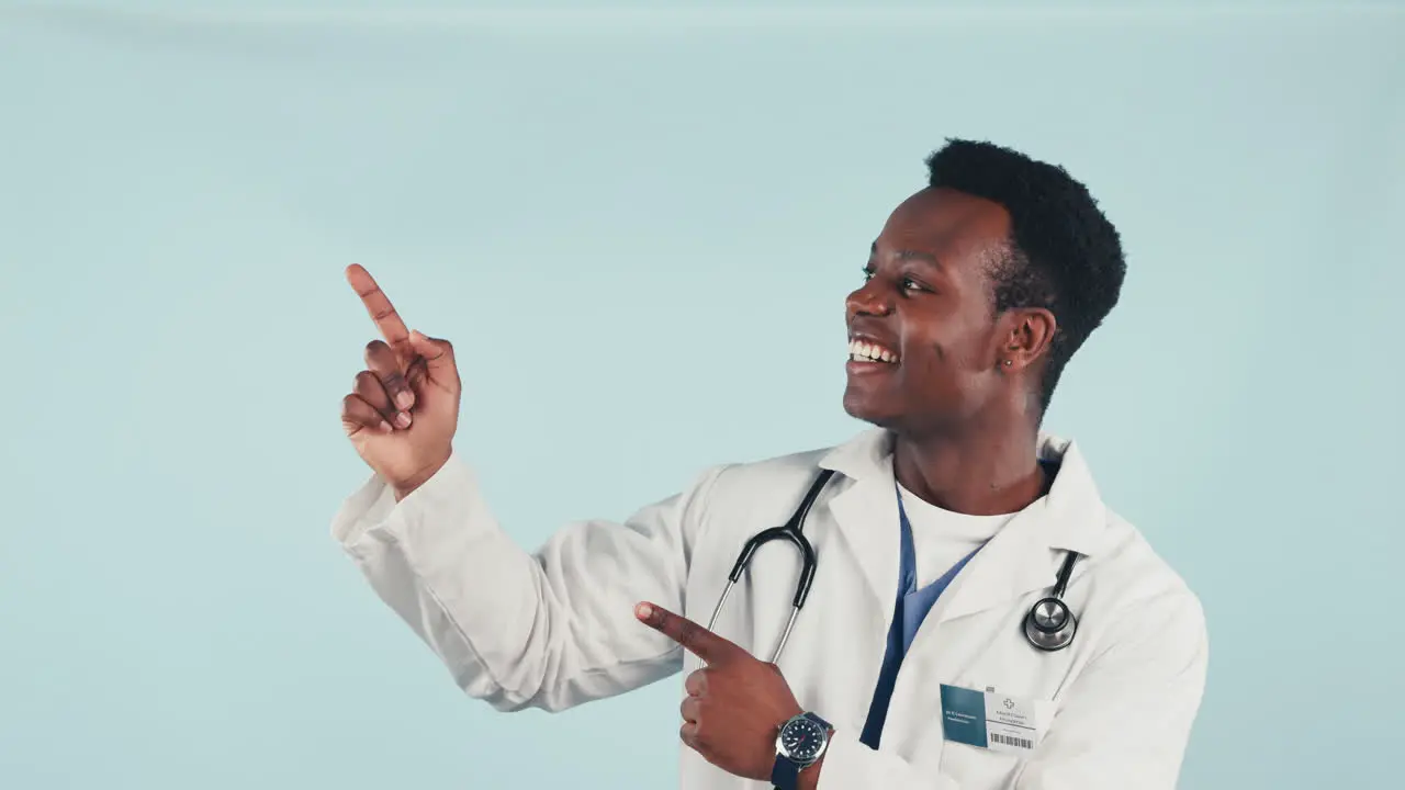 Studio black man or doctor pointing at advice