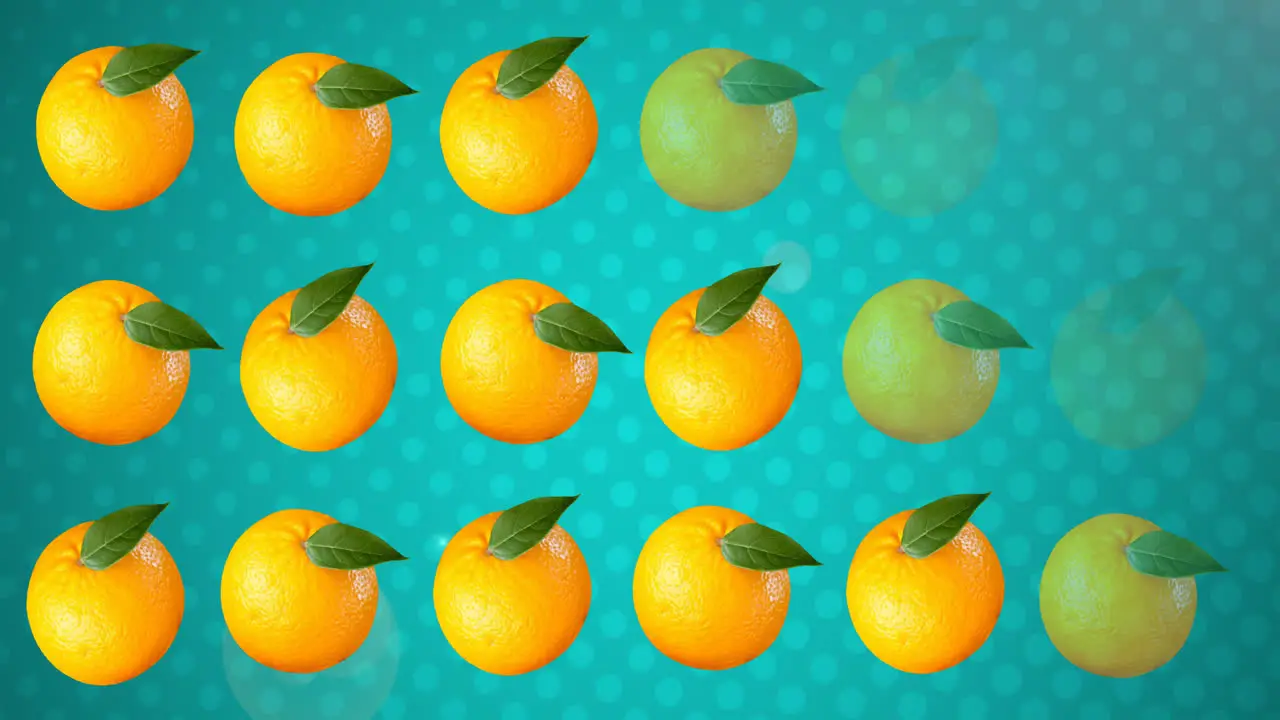 Animation of oranges in rows over green background with white spots