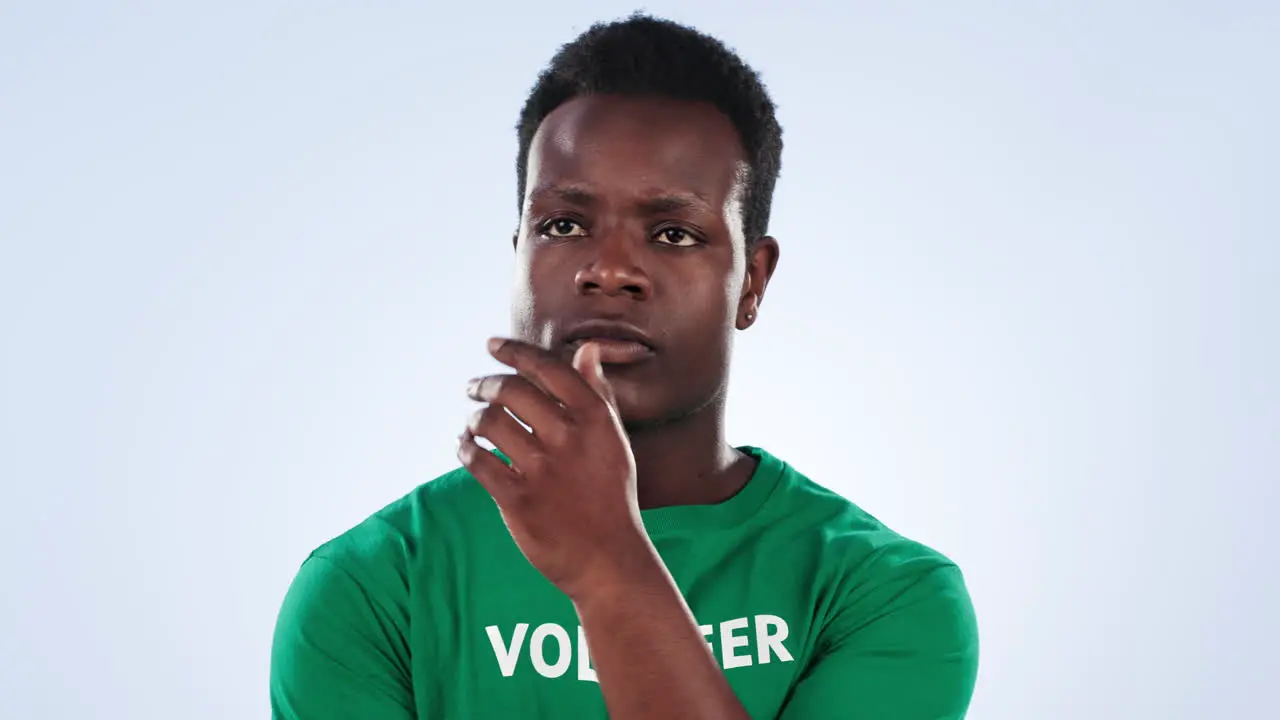 Studio face black man and volunteer thinking