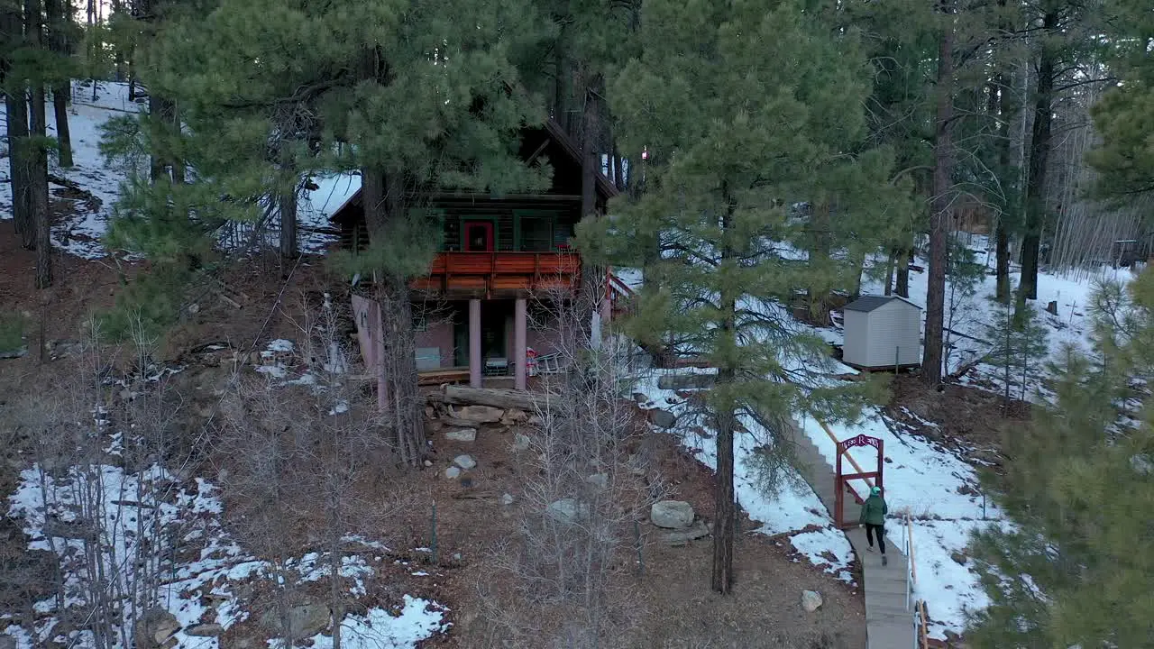 Aerial shot of cabin in the woods in Flagstaff Arizona