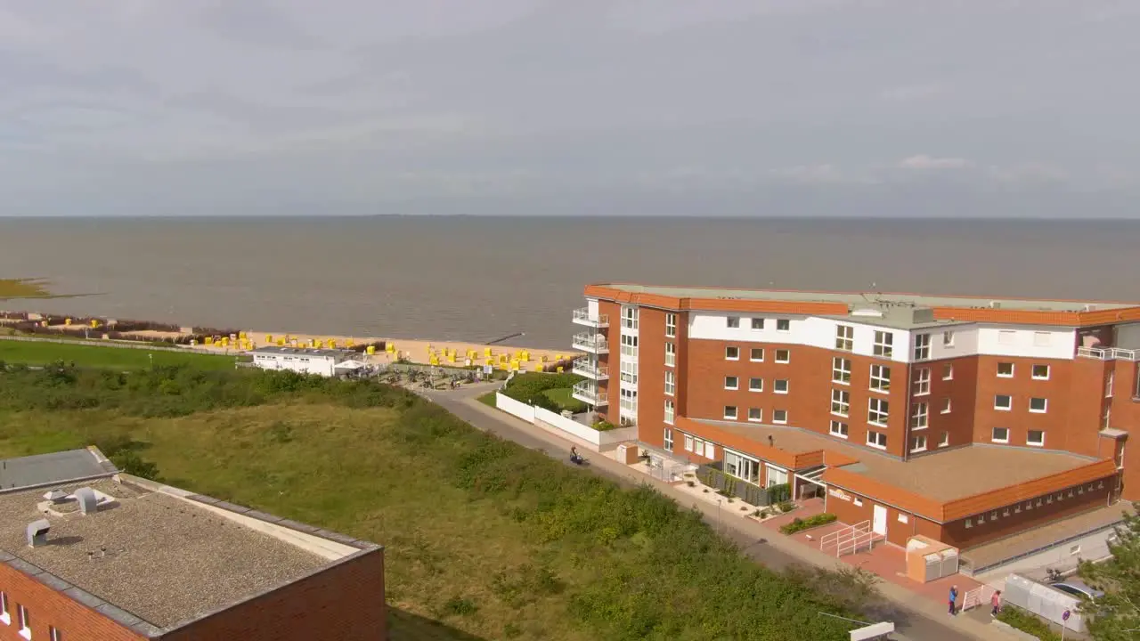 drone shot of a hotel at the north sea