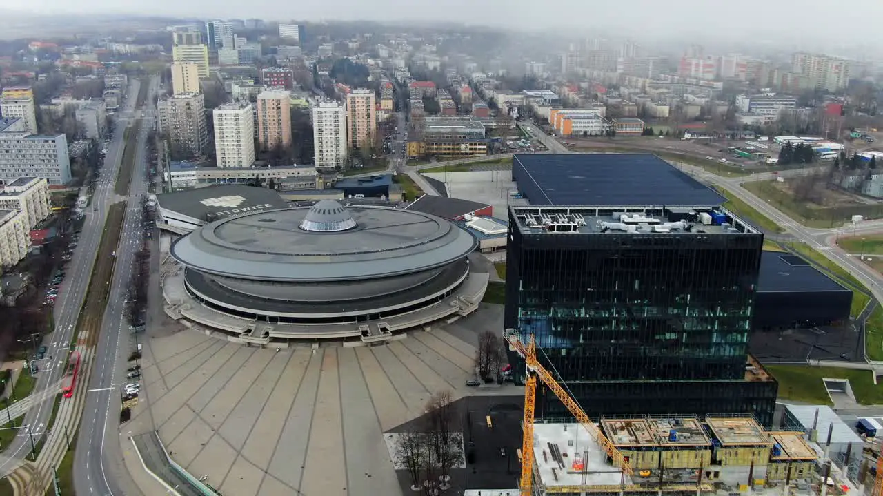 Aerial Katowice Construction Next To Spodek Building 4K