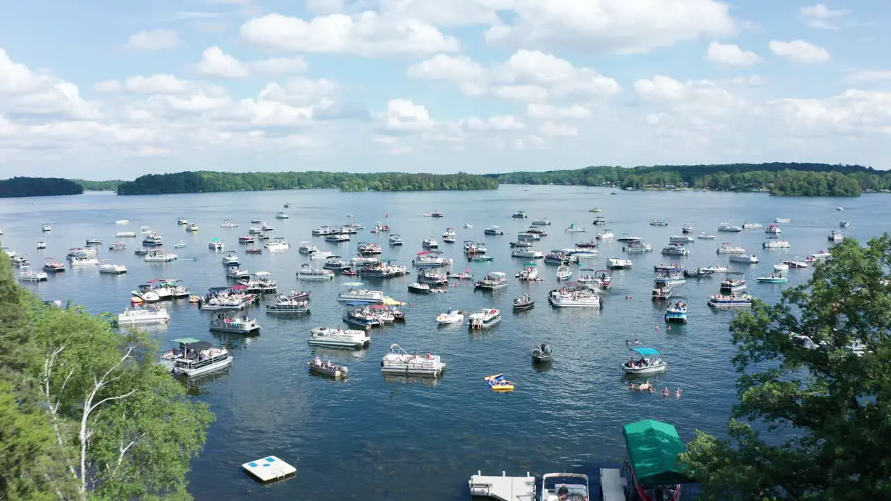 Aerial boats crowded on a lake during spring summer break