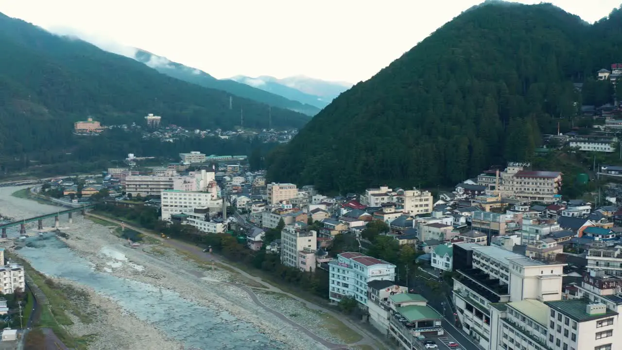 Gero Onsen in early morning Aerial Pan Over Gifu Prefecture Hot Spring Town