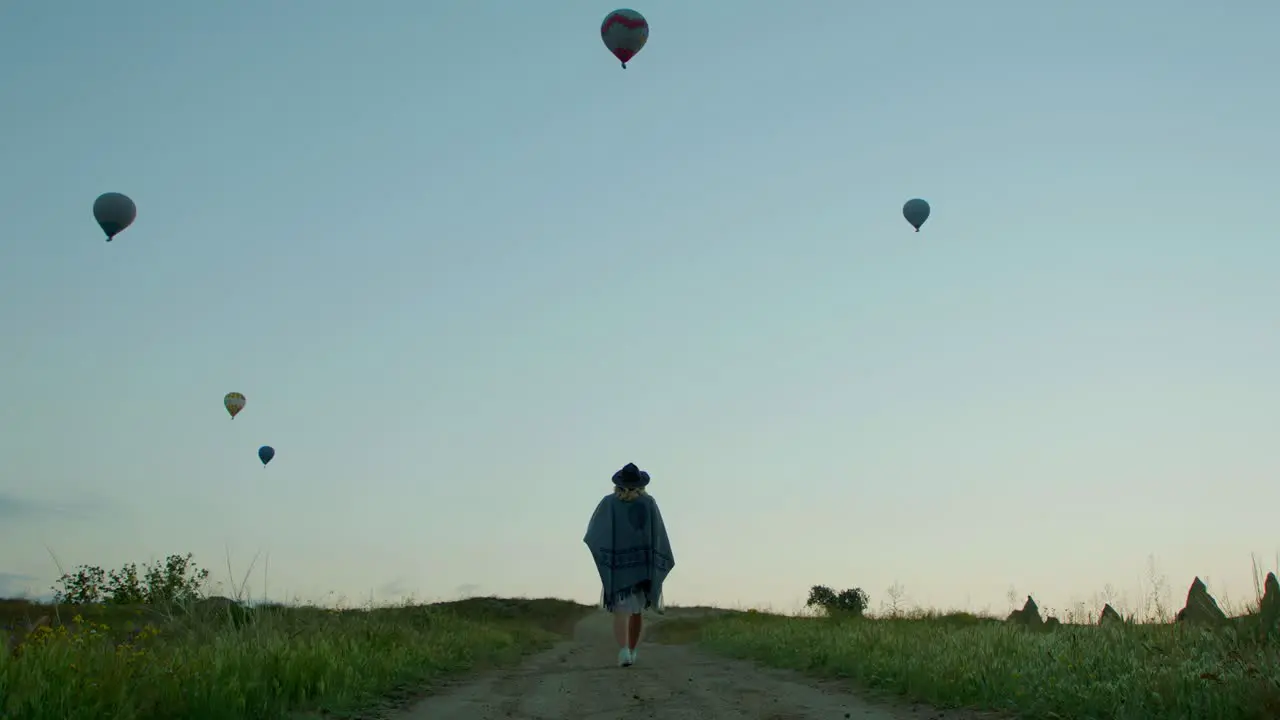 A group of hot air balloons in the sky with a woman walking a pathway underneath them