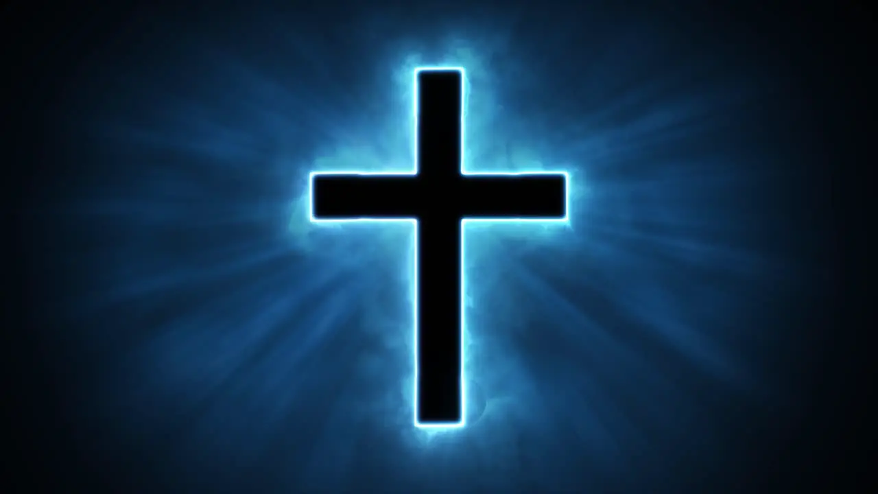 Uplifting and deeply inspiring reveal animation of a plain classic holy blue Christian crucifix cross in a smoky mystical glow and emating shining God rays and light beams on a black background