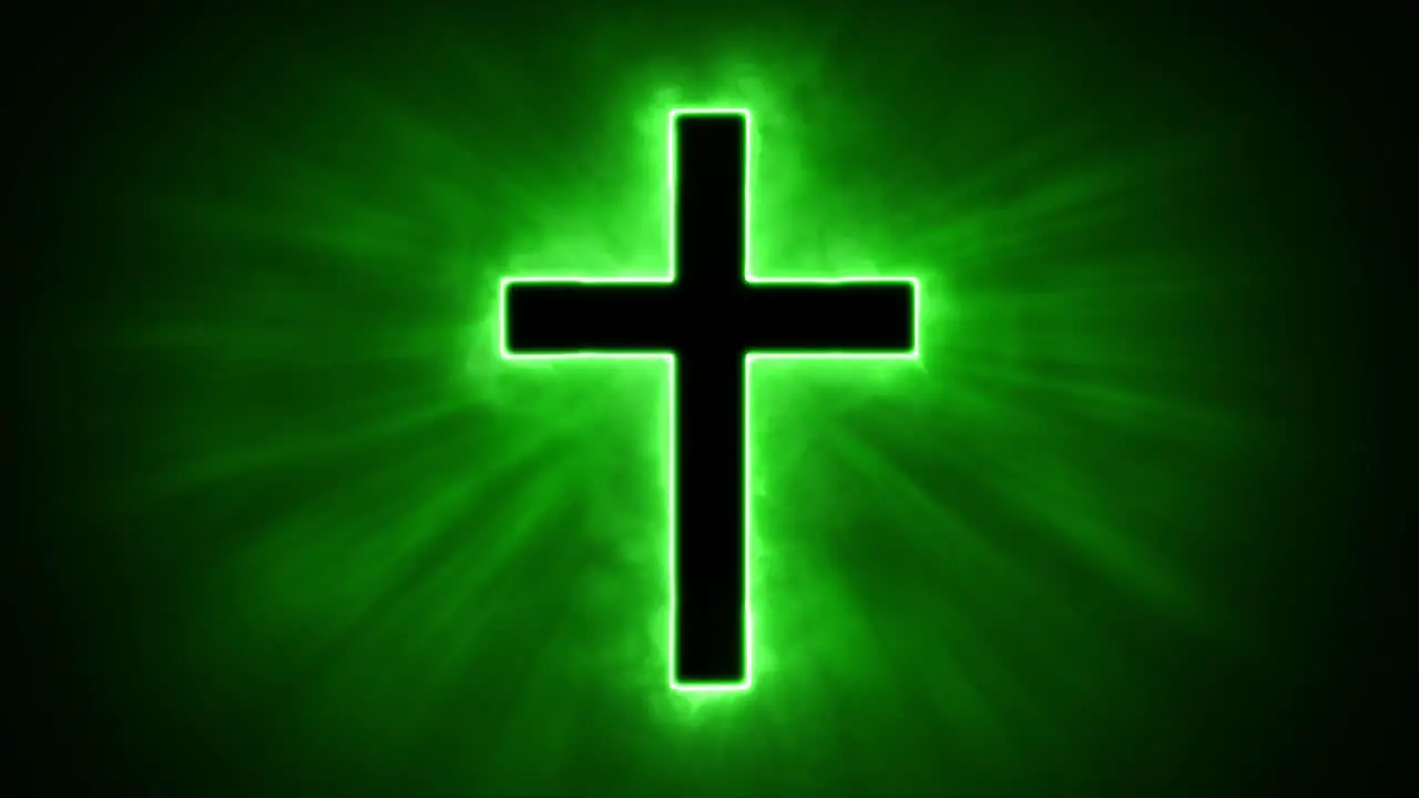 Uplifting and deeply inspiring reveal animation of a plain classic green holy Christian crucifix cross in a smoky mystical glow and emating shining God rays and light beams on a black background