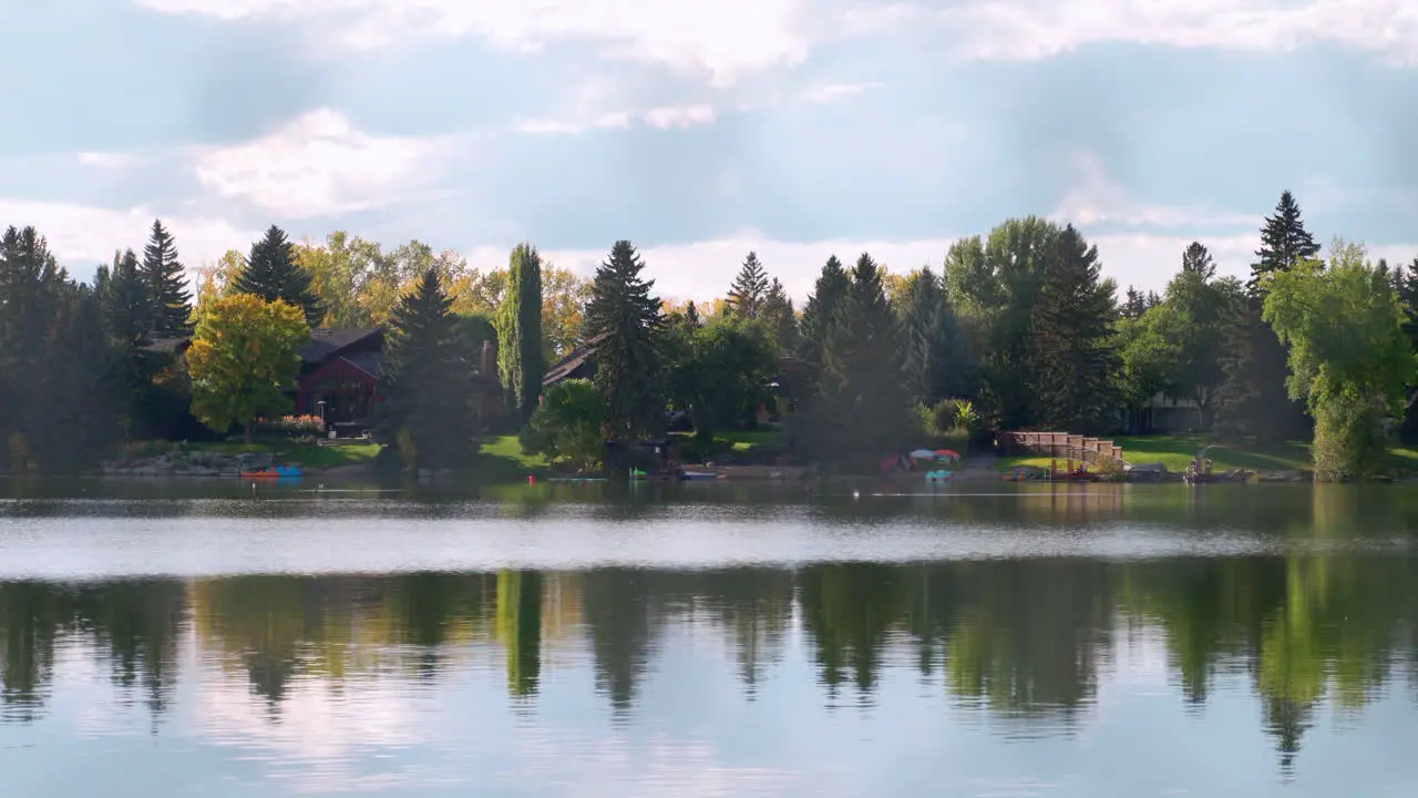 Calm lakeside reflection on a mild summer day in Canada