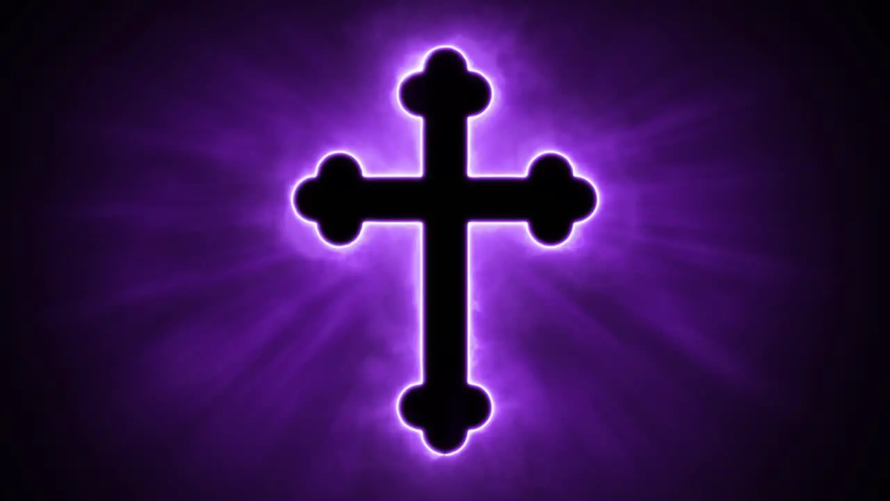 Uplifting and deeply inspiring reveal animation of an ornate and holy purple Christian crucifix cross in a smoky mystical glow and emating shining God rays and light beams on a black background