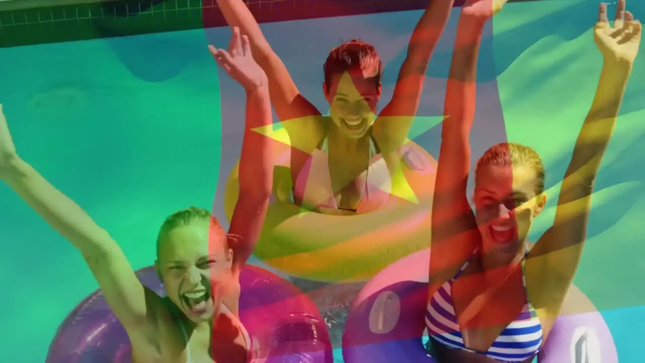 Animation of flag of senegal over happy caucasian mother and children having fun at swimming pool