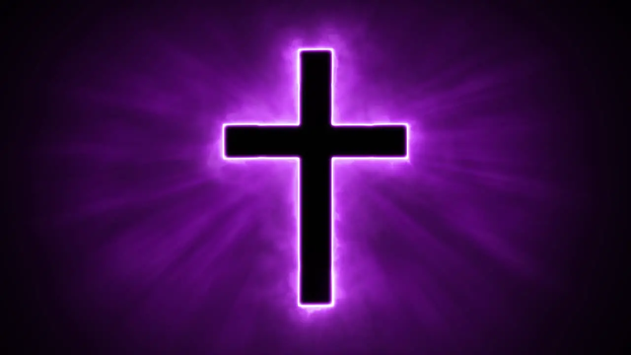 Uplifting and deeply inspiring reveal animation of a plain classic purple holy Christian crucifix cross in a smoky mystical glow and emating shining God rays and light beams on a black background