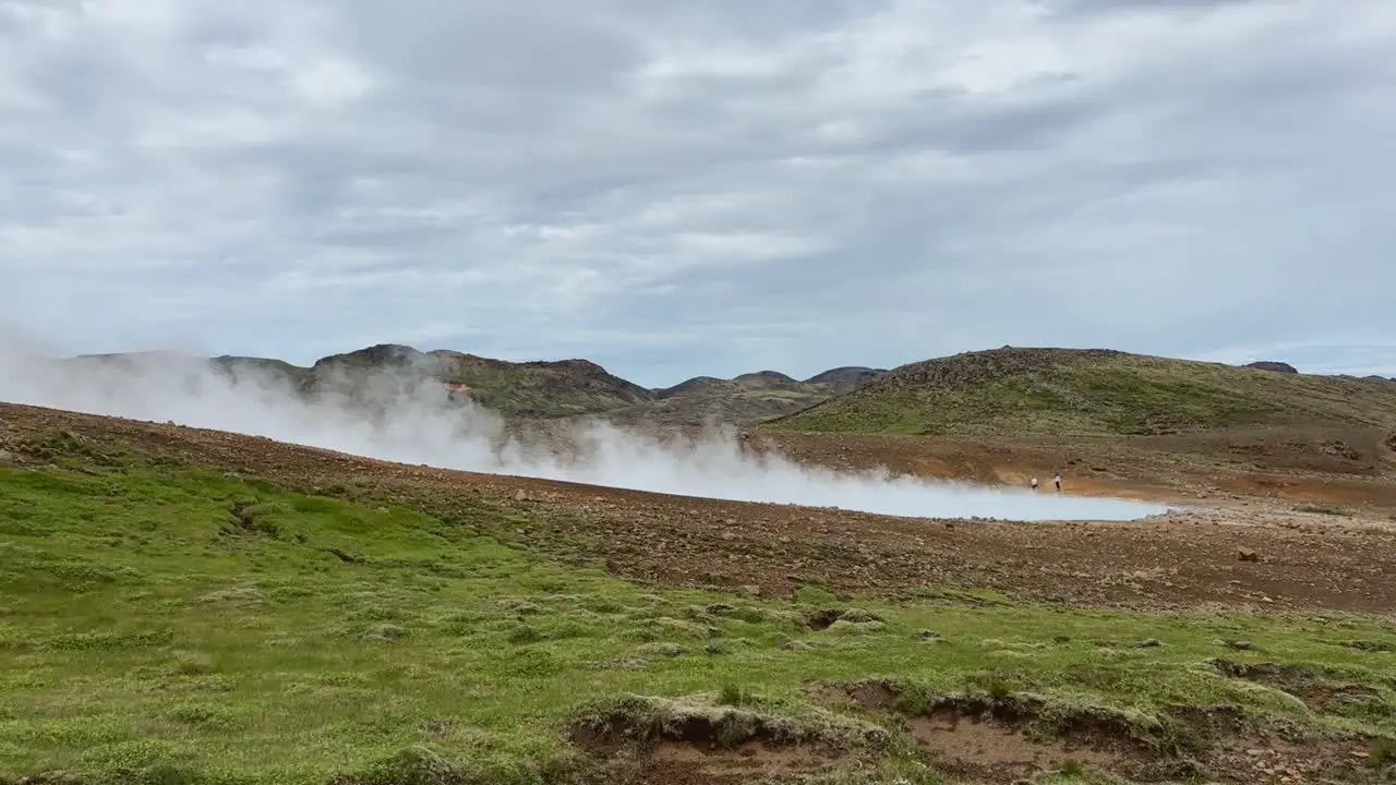 Steam rising from Engjahver seen from the ground on the Reykjanes Peninsula in Iceland