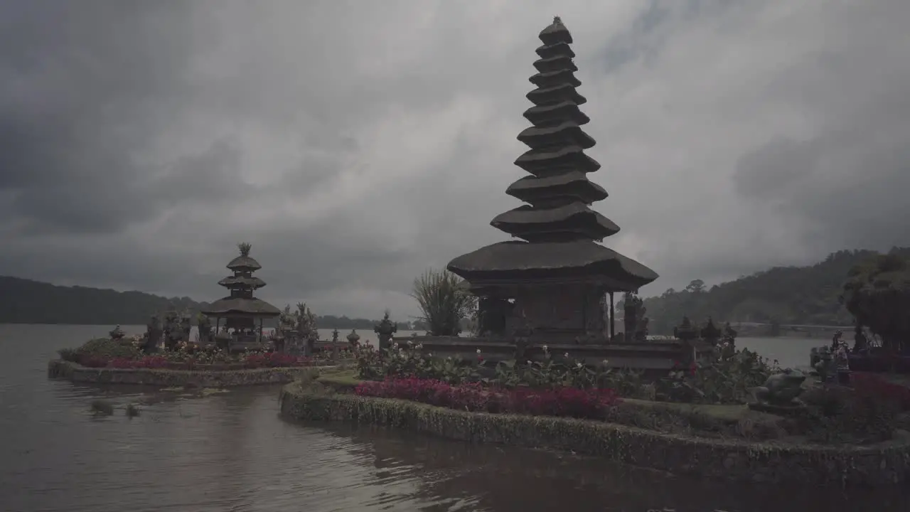 Famous pura ulun danu bratan hindu balinese temple floating on the lake in the mountains region