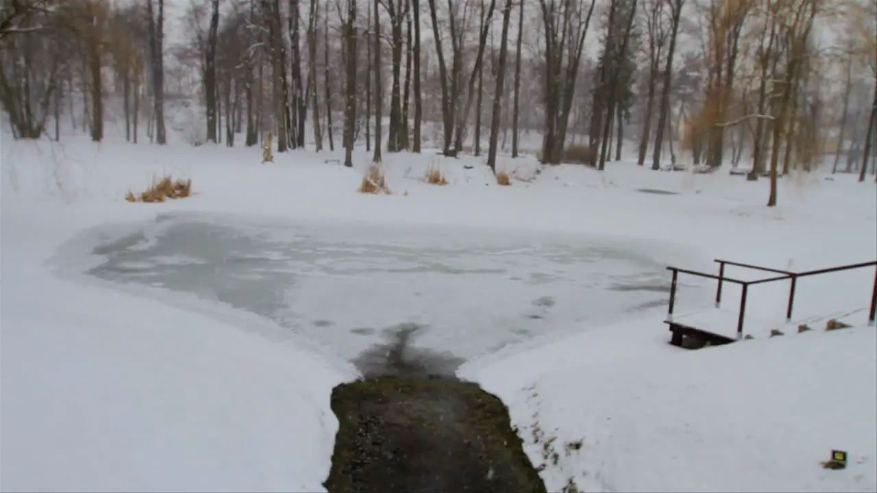 A man is strolling in a snowy park during a heavy snow fall