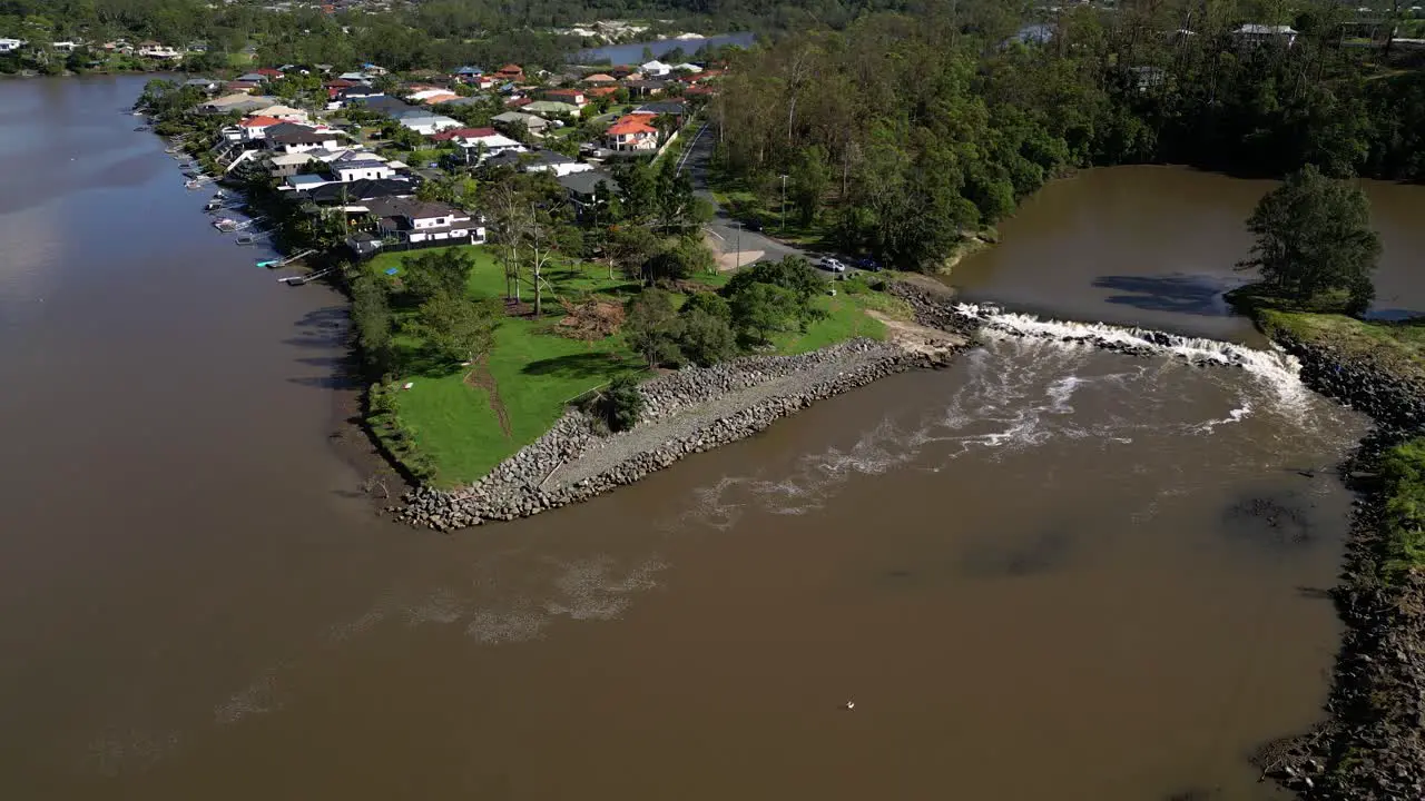 Oxenford Gold Coast 4 January 2024 Circular aerial views of the Coomera River and Causeway with receding flood waters from the January storms