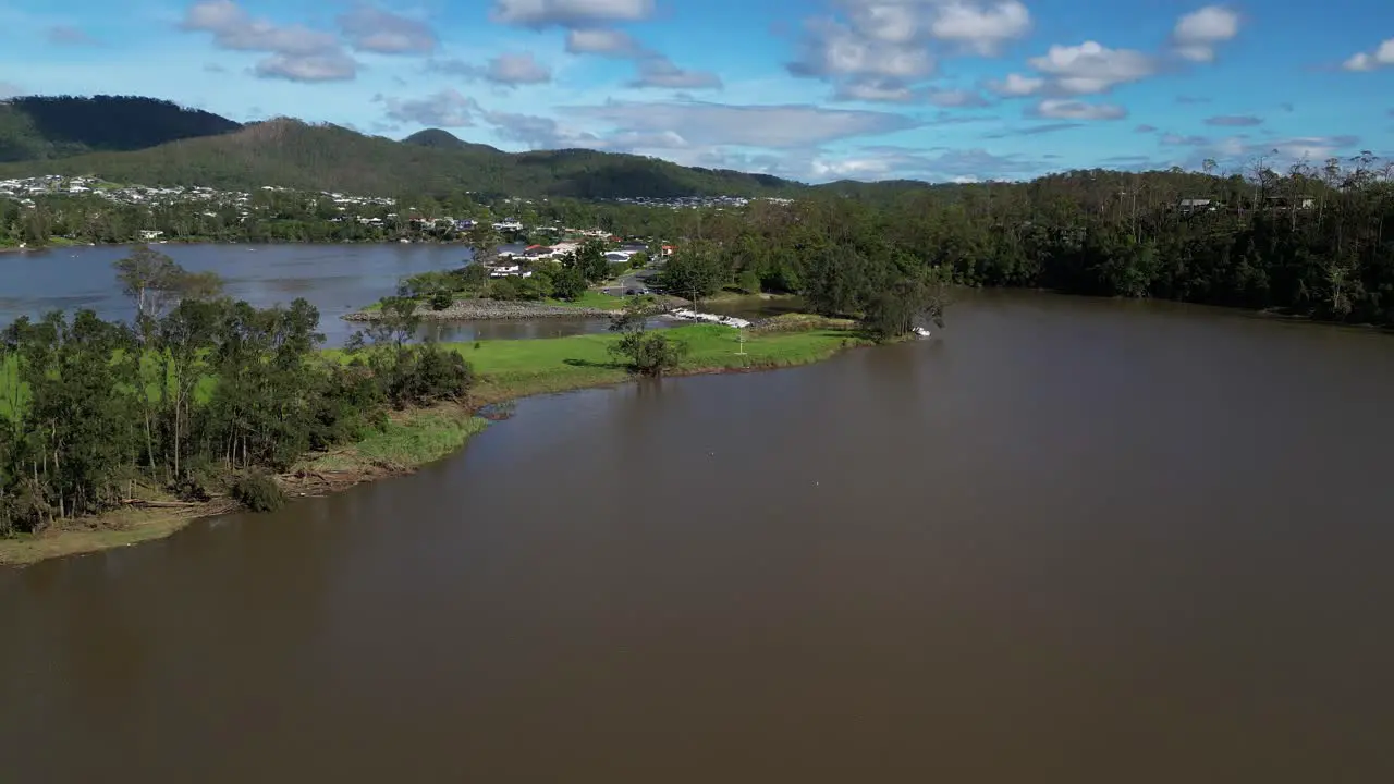 Oxenford Gold Coast 4 January 2024 Aerial views of the Coomera River approaching the Causeway with receding flood waters from the January storms