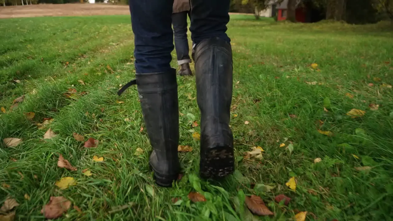 Perfect focus-shot from the legs of two men walking on yellow leaves in autumn