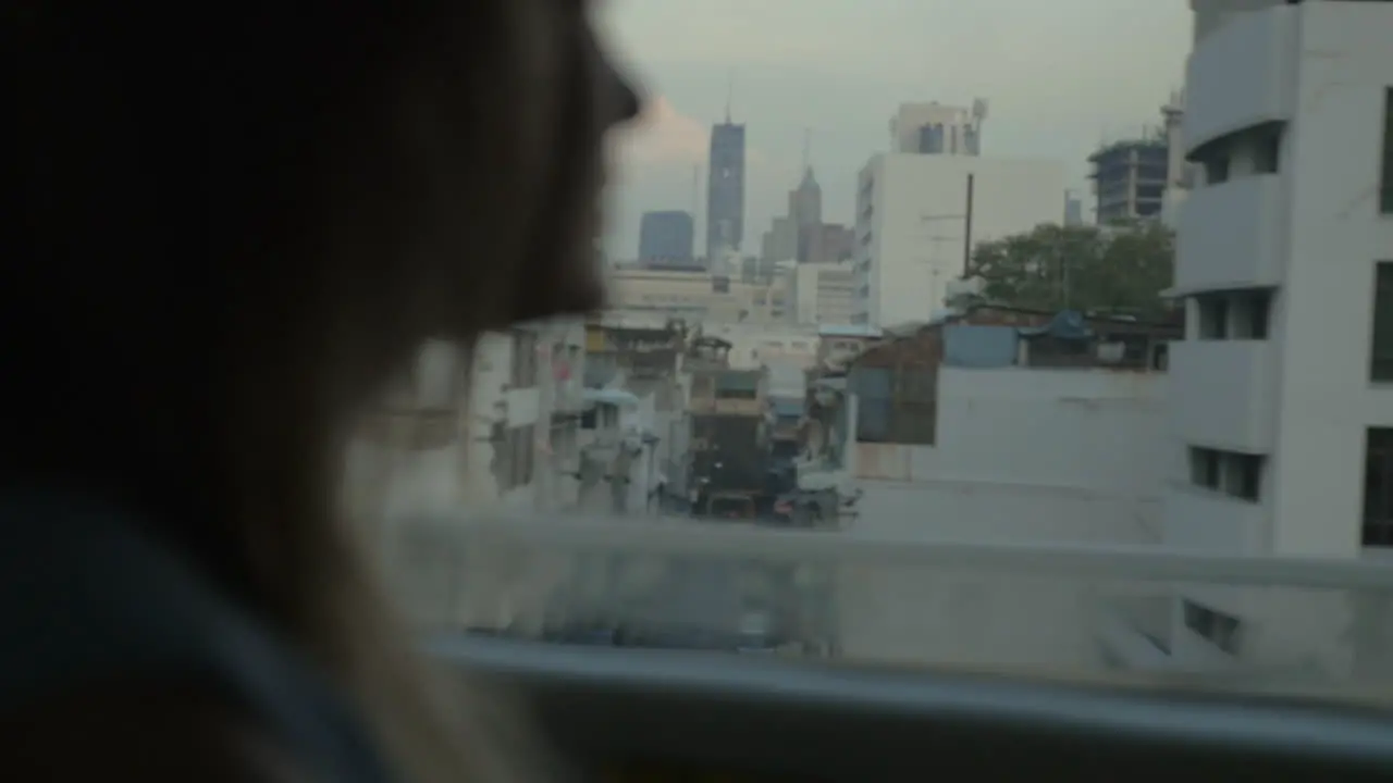 Woman having bus travel in Bangkok Thailand