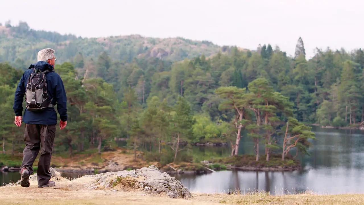 Senior Caucasian man walks into the left side of shot to admire the lakeside view back view Lake District UK