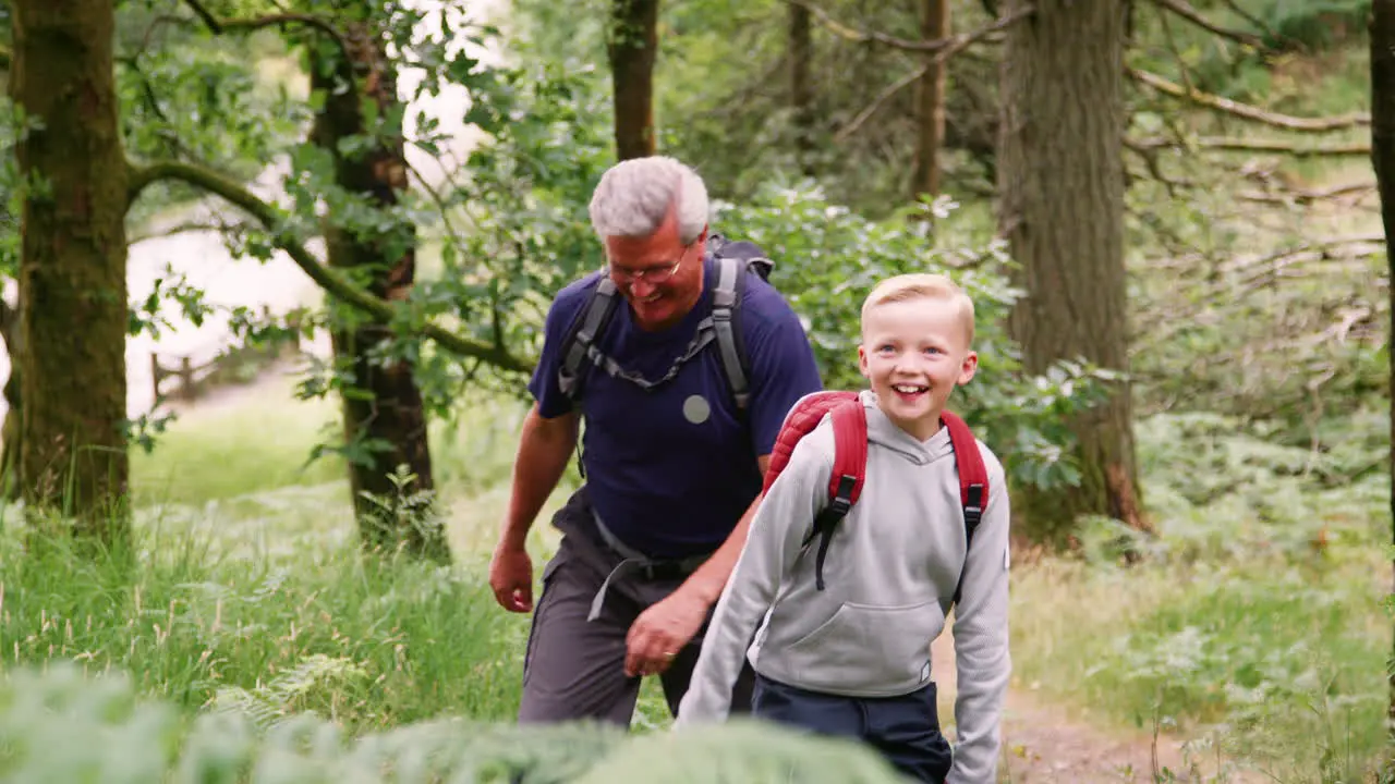 Grandfather and grandson hiking in a forest during a family camping adventure Lake District UK