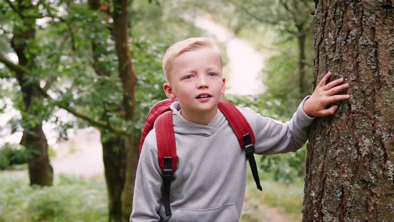 A boy walking on a trail between trees in a forest close up Lake District UK