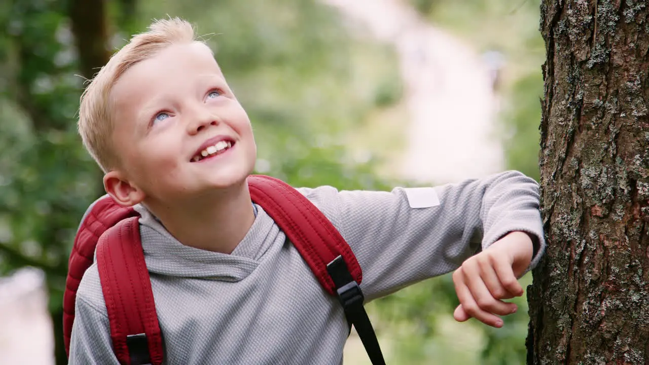 A boy takes a rest from hiking between trees in a forest looking around close up Lake District UK