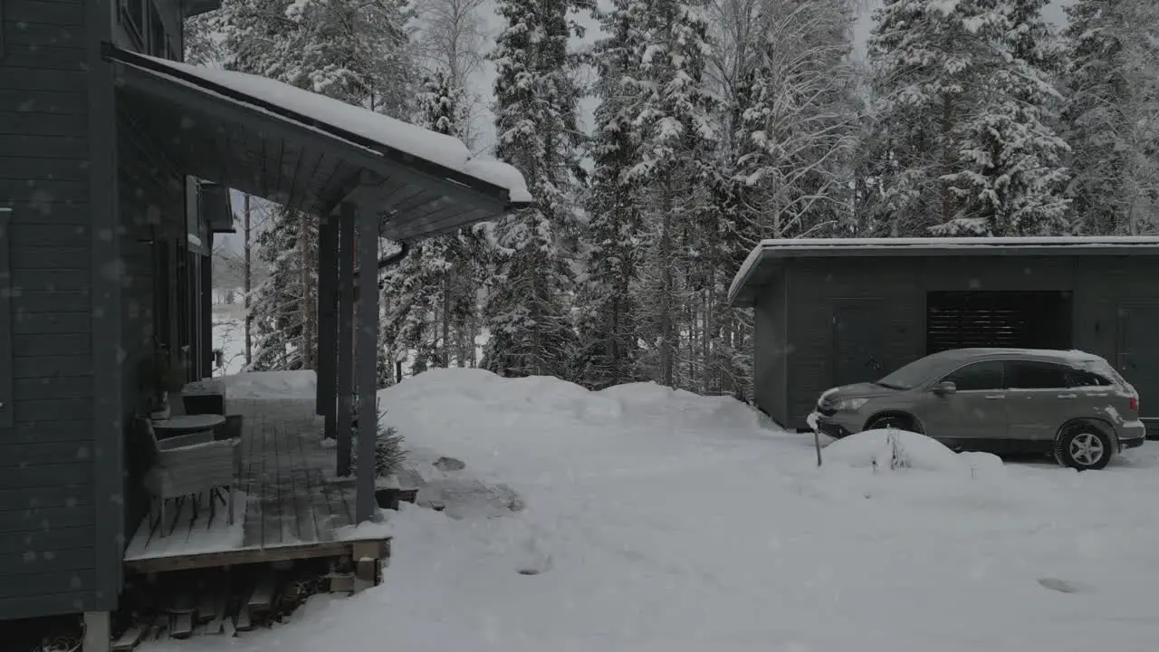 panning closeup view of cabin retreat in snowcapped pine trees in mountain