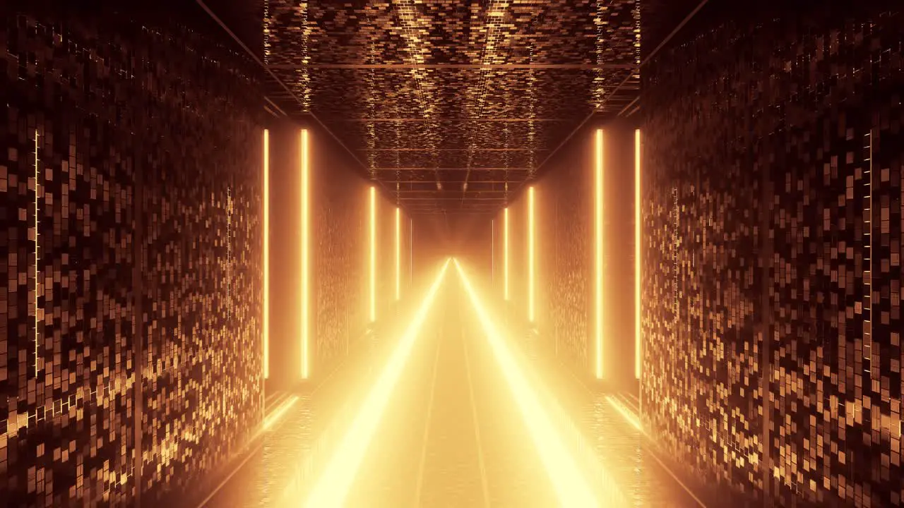 Walking down brightly lit golden path in futuristic hall way architecture 3d cgi rendered graphic animation