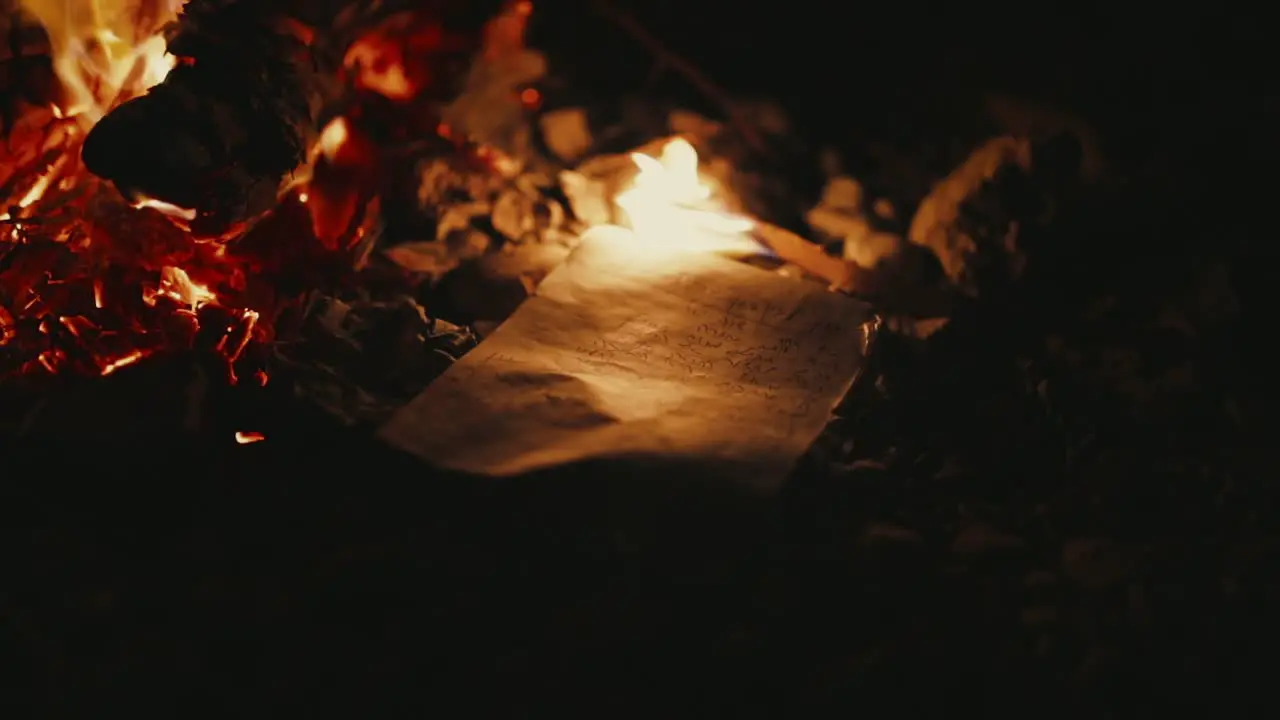 Letter with Hebrew writing being lit by campfire night shot