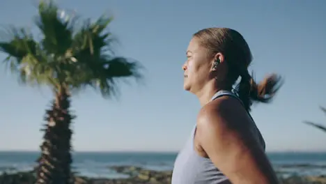 Fitness beach and woman running in summer