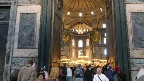 Tracking Shot of People Inside the Hagia Sophia 