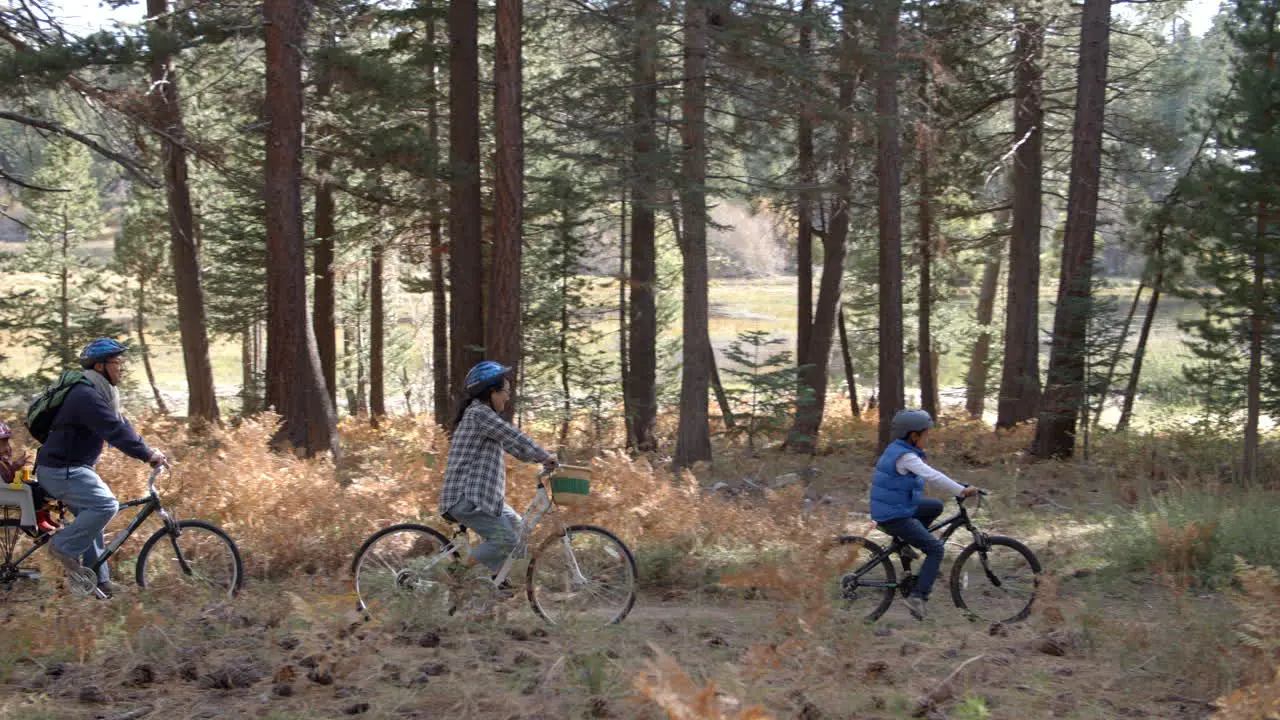 Family cycling through a forest together left to right pan