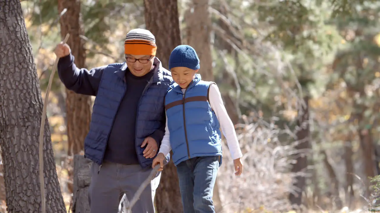 Asian father and son hiking together in a forest