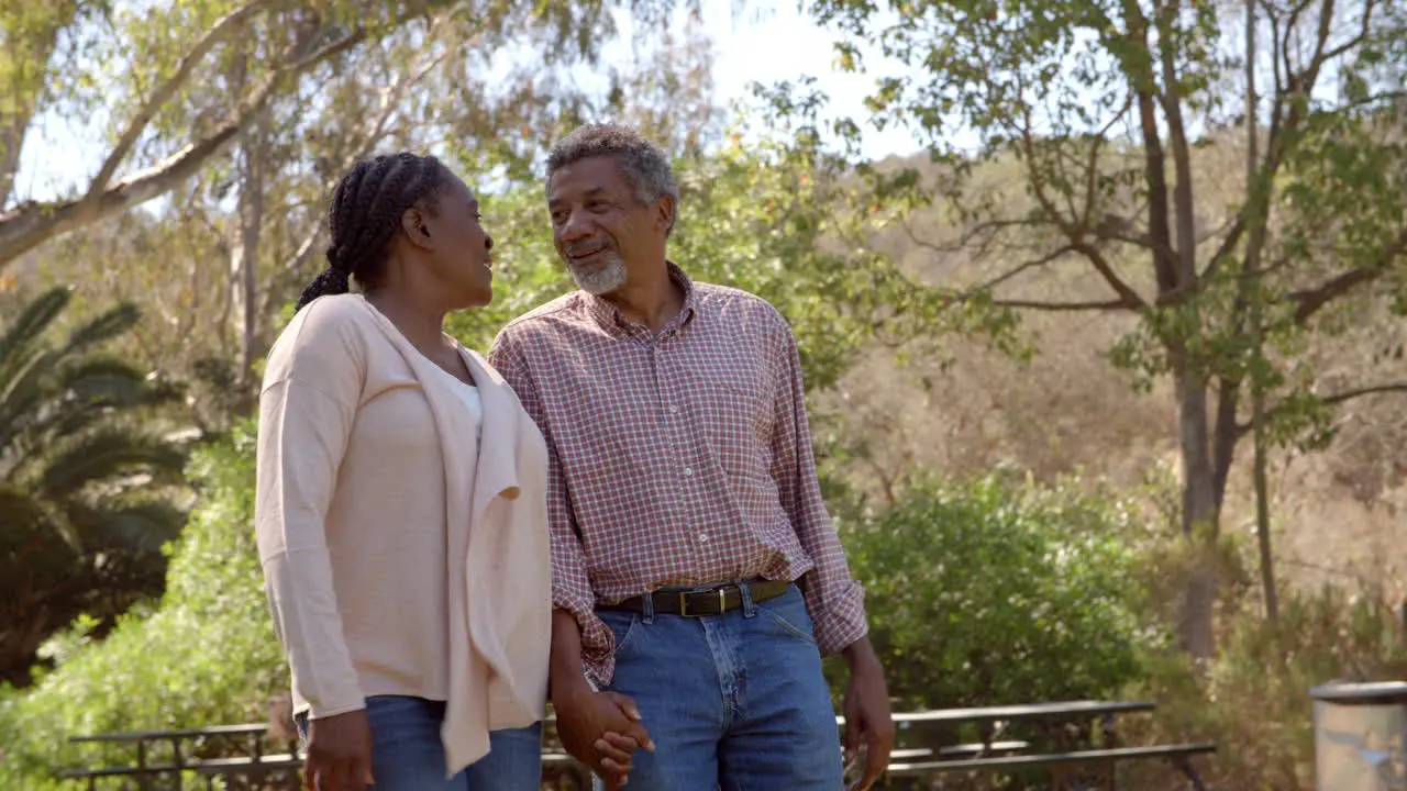 Middle aged black couple laugh while walking in countryside