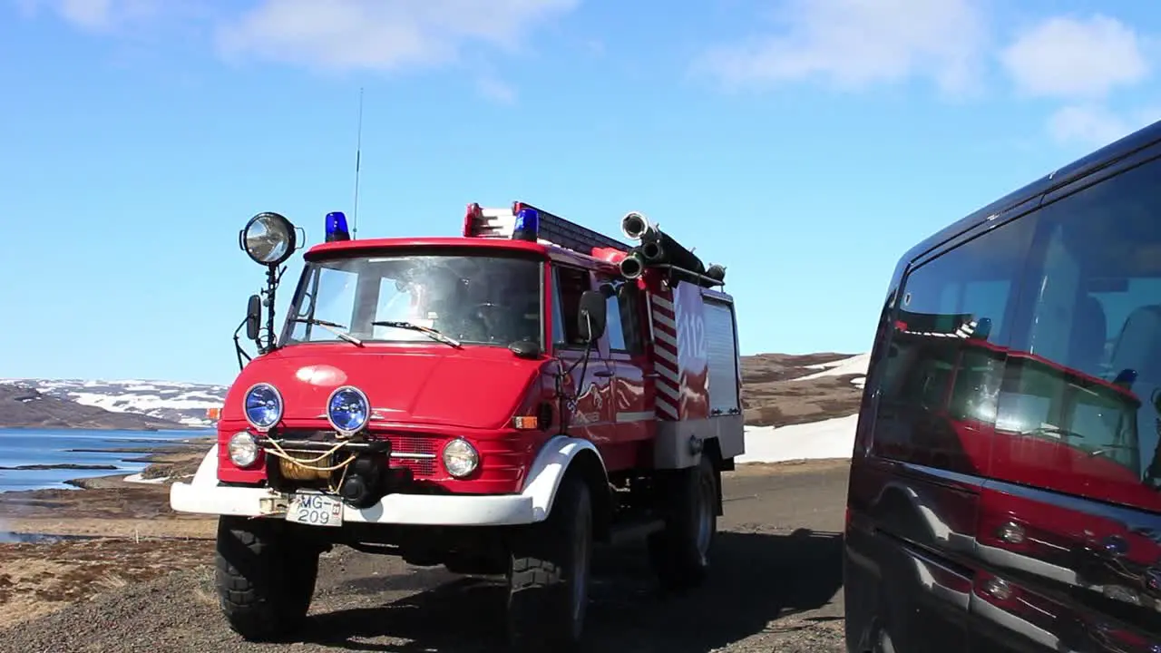 An old fire engine in good shape and still in use by a small group of voluntary firefighters in a small village in Iceland