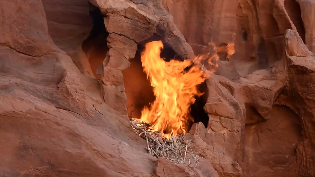 Large fire burning in a rocky cavity Wadi Rum Desert