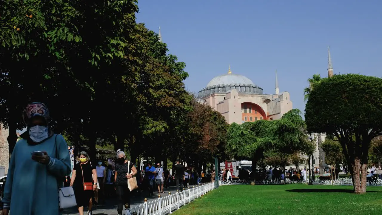 Wide Shot of People Outside Hagia Sophia Mosque In Istanbul